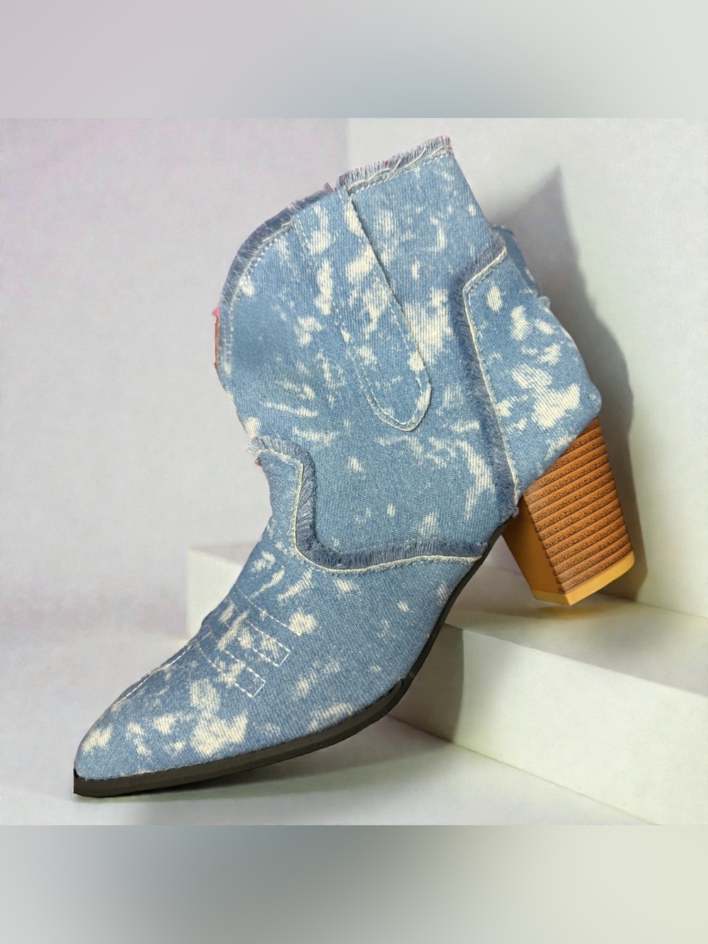 Light Blue Acid-Wash Denim Western Ankle Boot with Stacked Heel